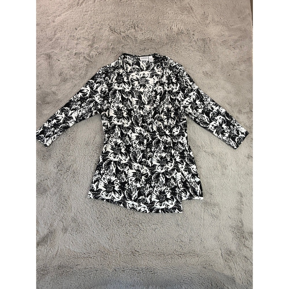Chico's Travelers Floral Black White‎ 3/L Tunic Top Blouse V Neck Career Office